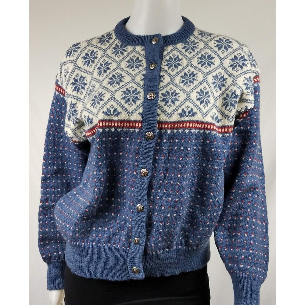 L.L. Bean Vintage Button Front Cardigan Large Blue White